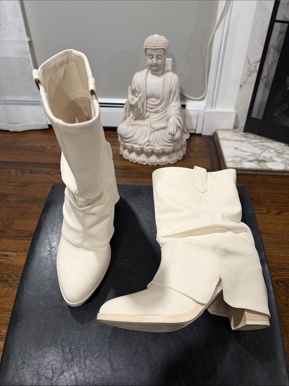 MIA Cream Mid-Calf Slouch Heeled Boots